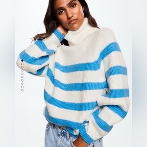 MANGO Light Blue and White Striped Turtleneck Sweater